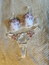 VTG Beautiful White Satin Bra And Panties With Pink Roses Embroidery Set Size L