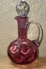 Vintage Cranberry Glass Cruet - W/ Clear Handle - Stopper