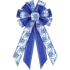 Blue Chinoiserie Wreath Bow, 21 Inch Large Spring Floral Wired Blue Floral