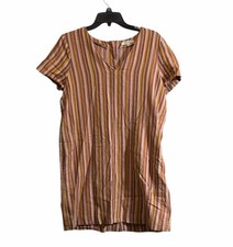 Madewell Med Button Back Easy Dress Rainbow Stripe Shift Casual Linen Blend