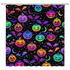 Halloween Shower Curtain Colorful Pumpkin Scary Bat Star Moon Gothic Magic My...