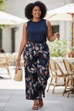 H M Navy Blue Floral Trousers Womens 12 Wide Leg Pants Tropical Coastal