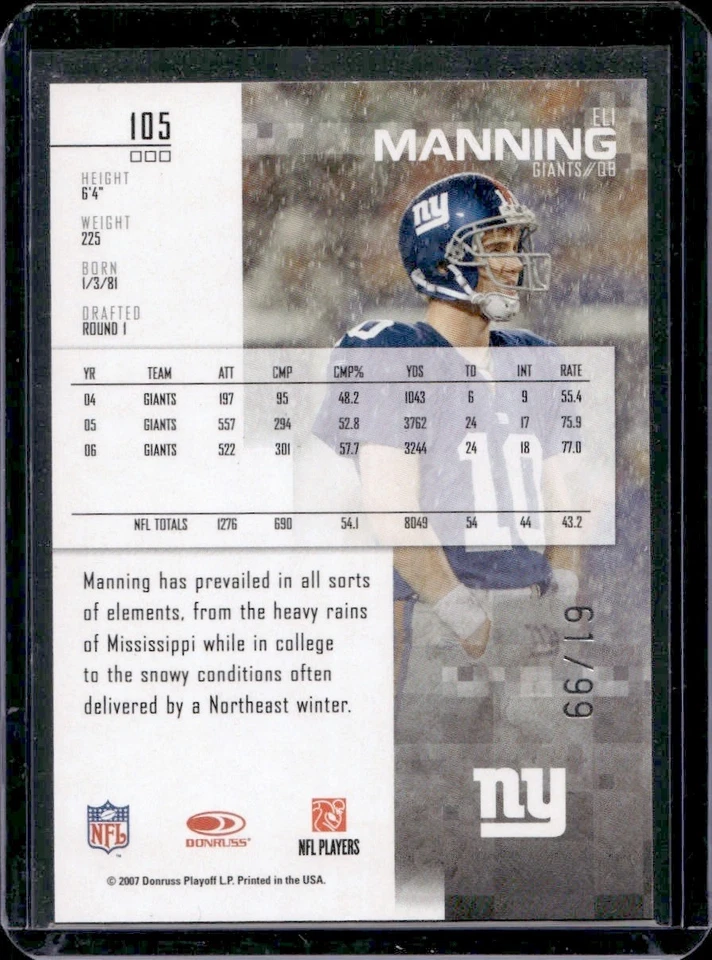Eli Manning 2007 Leaf Rookies & Stars Longevity Elements Sapphire /99 - Image 2 of 2