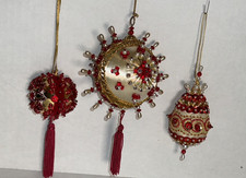 Lot Of 3 VTG Handmade Beaded Sequin Push Pin Satin Christmas Ornaments Gold Red
