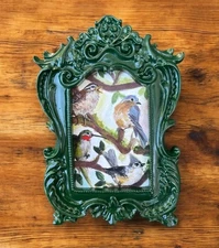 "Backyard Birds" mini watercolor art print in green vintage style ornate frame