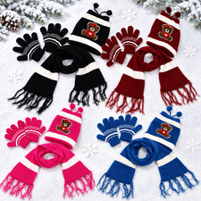 Kids 3-Piece Winter Set Knitted Teddy Bear Beanie Hat Scarf Gloves Boys Girls