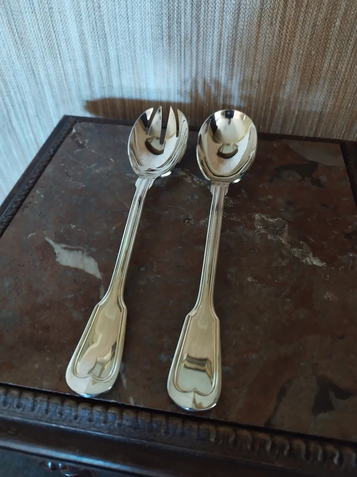 Couvert de Service à Salades Filets/Contours en Métal Argenté - Photo 1/4