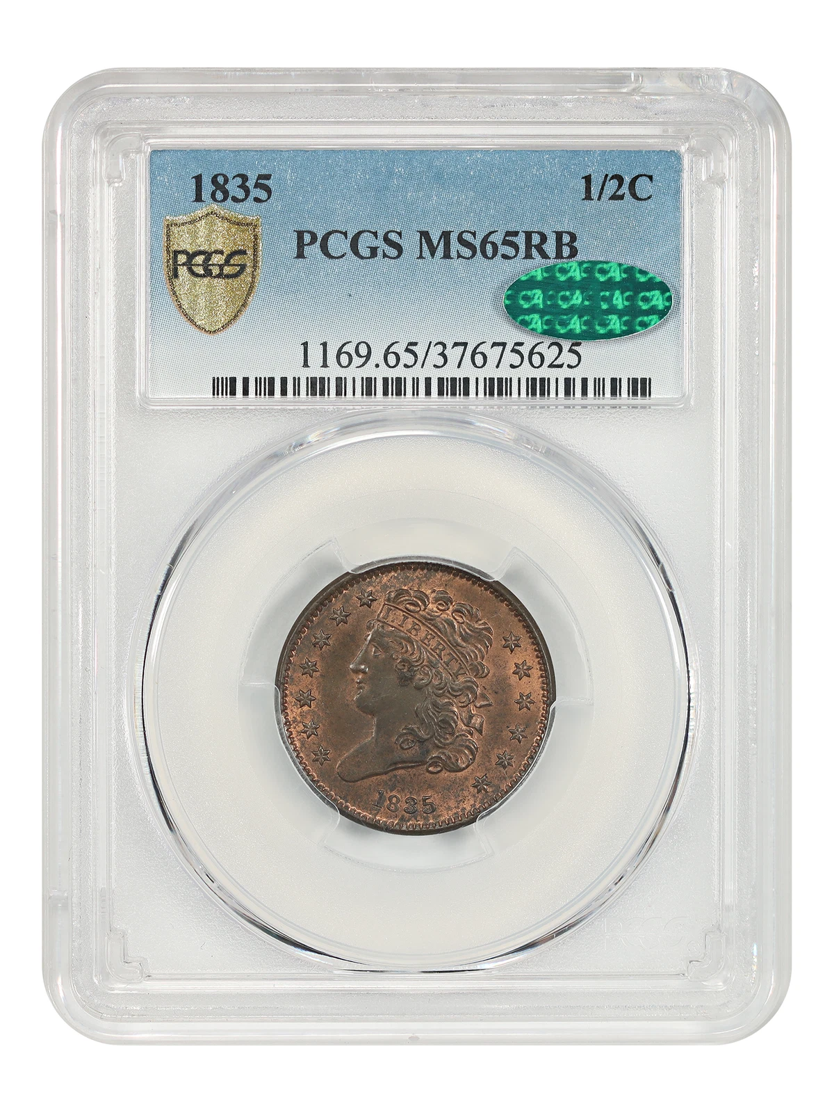 1835 1/2C PCGS/CAC MS65RB - Classic Head Half Cent - Tough in Red Brown!