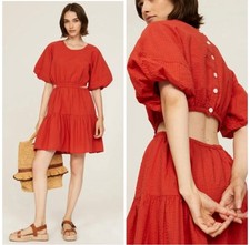 Madewell Size-XXL Seersucker Puff-Sleeve Cutout Mini Dress Fresh Chili $128