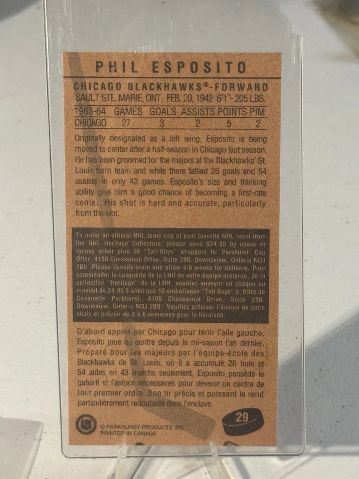 1994 Parkhurst Parkies 1964-65 Design Tall Boys Phil Esposito #29 HOF Auto Card - Image 2 of 2