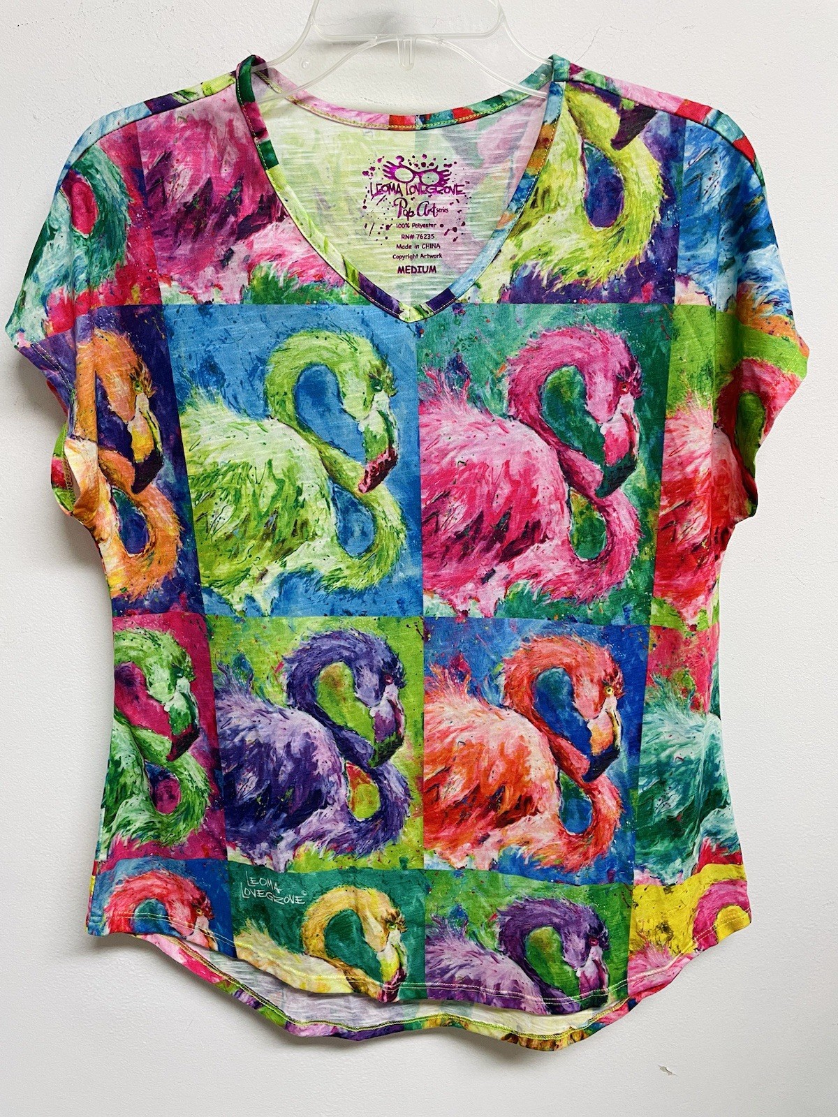 LEOMA LOVEGROVE Pop Art Series V-Neck Block Flamingo T-Shirt Top, Women’s Size M