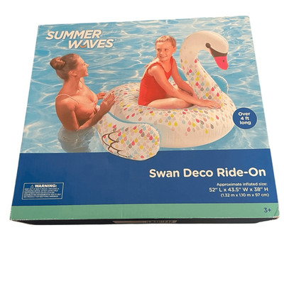 Summer Waves Swan Deco Ride-On Inflatable Pool Float 52 Inch Raindrops Print NEW