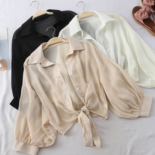 Lantern Sleeve Chiffon Shirts Women Summer Transparent Buttoned Up Shirt Top