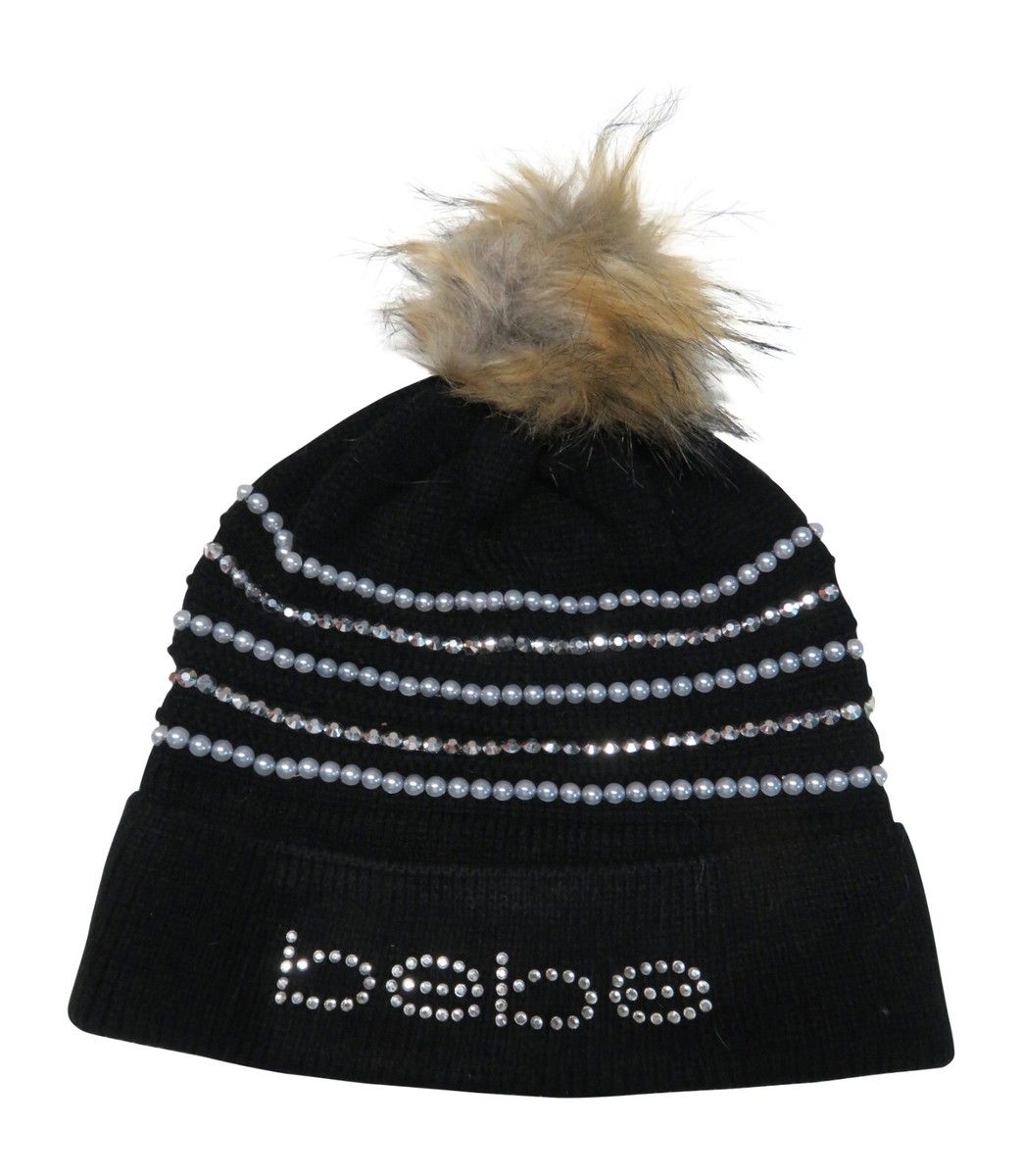 bebe Beanie Hat with Pom Black with Rhinestones & Faux  display picture 2