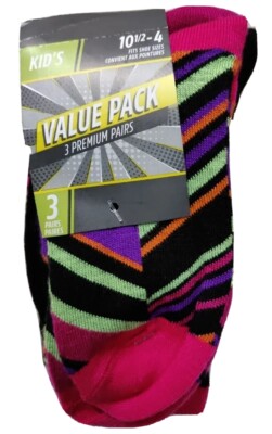   Value Pack Kid's Socks Sizes 10 1/2-4 Three Pairs Pink Multicolor