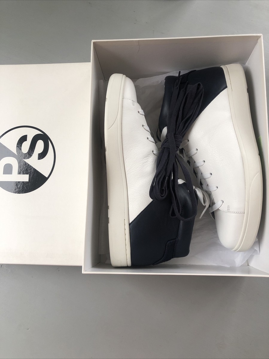 Paul Smith White/Navy Leather 'AKIRA' Mono-Lux High Top Trainers