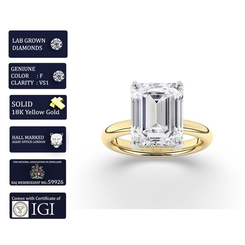 Emerald Solitaire Hidden Halo 18K Yellow Gold Engagement Ring,6 ct,Lab-grown IGI - 第 6/24 張圖片