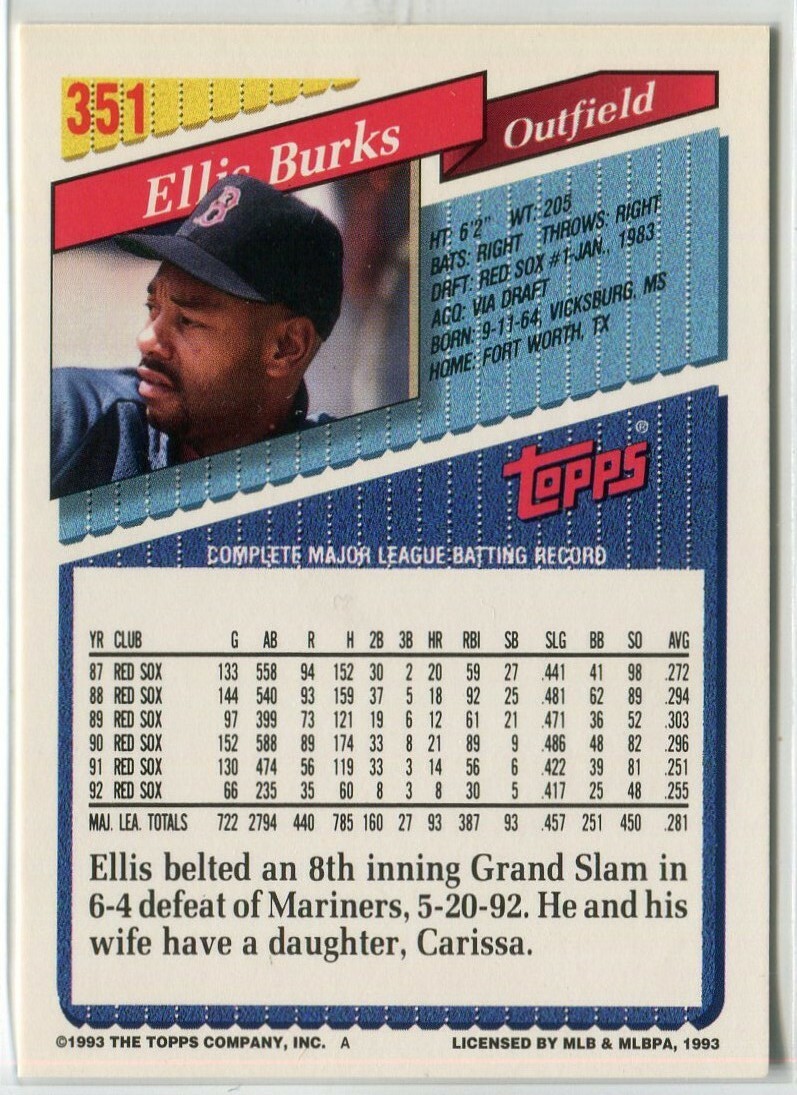 1993 Topps Gold #351 Ellis Burks Boston Red Sox | eBay