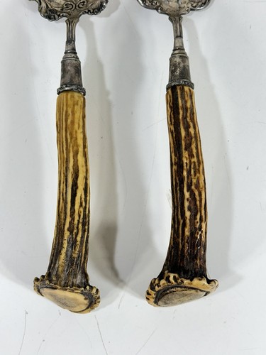 Vintage Meriden Britannia M.B. Co. Silverplated Antler Handle Salad Serving Set - Picture 5 of 18