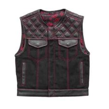 Men  s Biker Vest Or Hunt Club Leather Diamond Quilted Motorcycle Vest Black Red