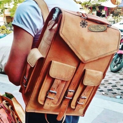 19 Zoll Echt Ziegenleder Tasche Rucksack Backpack Vintage Laptop Einfach Echt...