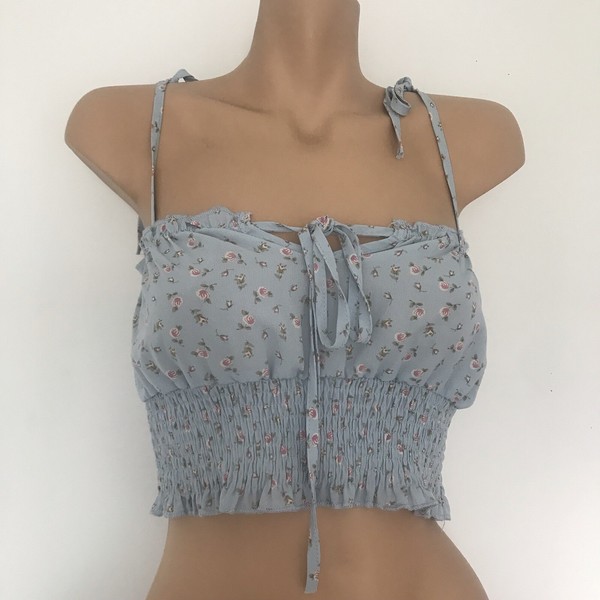 Reverse Women’s Blue Floral Tie Up Sleeve Crop Top Size S Size 8 Perfect Cond