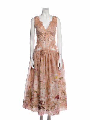NWOT $1,950 Zimmermann Dancer Paneled Pink lace Floral silk Linen midi Dress  AU0 | eBay