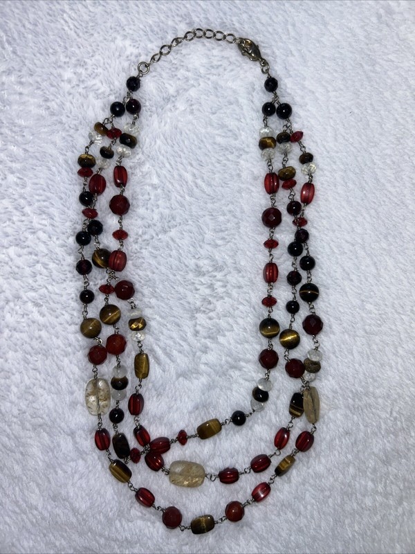 3 Strand Red, Pink, White, Clear, And Brown Beaded Necklace W Gold Colored Metal