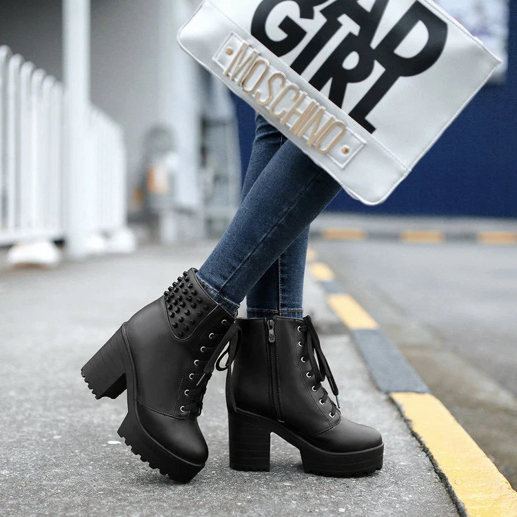 Women Punk Ankle Boots Military Combat Lace Up Block High Heel Rivet Shoes  | Ebay