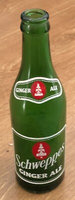 Vintage 1960s Schweppes Ginger Ale Green Glass Painted ACL Soda Bottle Original