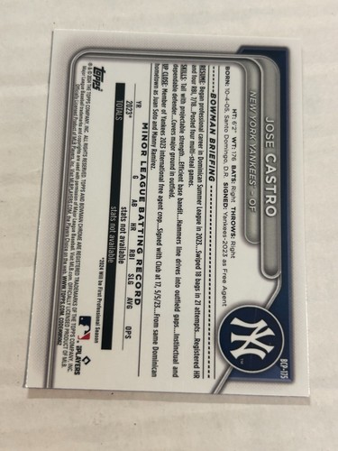 2024 BOWMAN CHROME JOSE CASTRO 65/199 FUCHSIA SHIMMER REFRACTOR YANKEES SP 1ST - Picture 2 of 2