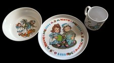 Vintage 1969 Oneida Deluxe Dish Bowl Cup Raggedy Ann & Andy White Plastic Set