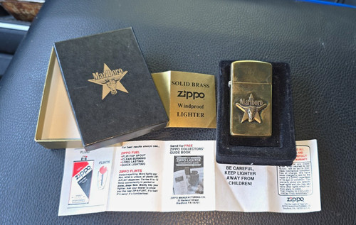 Zippo Marlboro Solid Brass Windproof Lighter w/ Box & Papers, Cigarette Theme