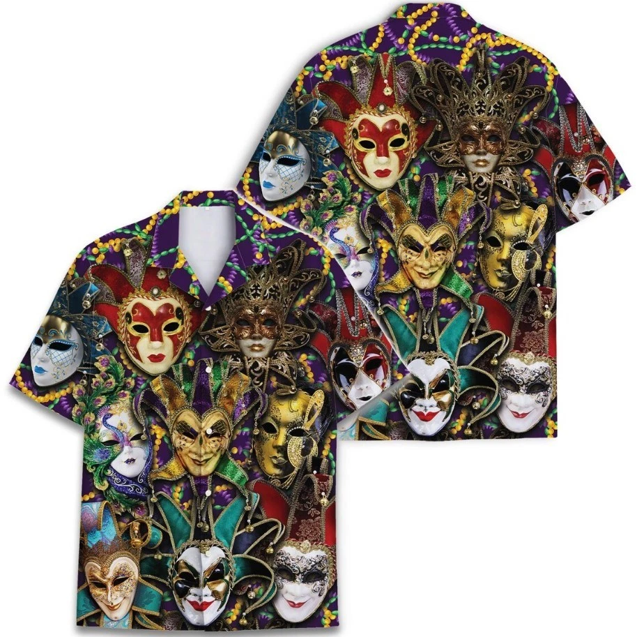Carnival Mask Hawaiian Shirt for Men Retro Tropical Festival 80s Holiday Casual