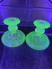 #5660 Pair Of Vintage Indiana Uranium Depression Glass  Candlesticks Holders3.5"