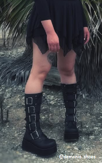 Black Goth Buckle Combat Platform Knee High Boots Burning Man