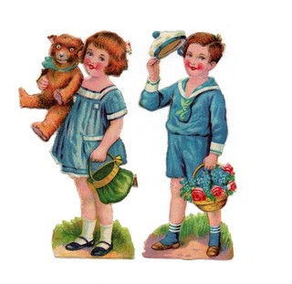 Alte Oblaten Glanzbilder Scraps Junge Blumenkorb Mädchen Teddybär.... 8 5cm Rar!