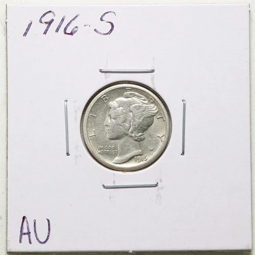 1916-S 10C Mercury Winged Liberty Silver Dime in AU Condition #6220
