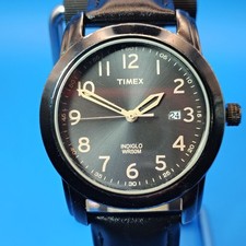 Vintage 2001 Timex Indiglo Date 39mm Mens Quartz Watch Black New Leather Strap