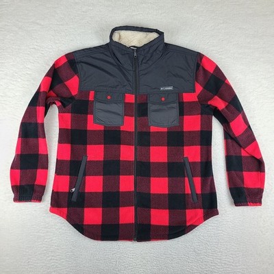 Columbia Sweater Mens XL Black Red Buffalo Plaid Fleece Full Zip Coat Jacket