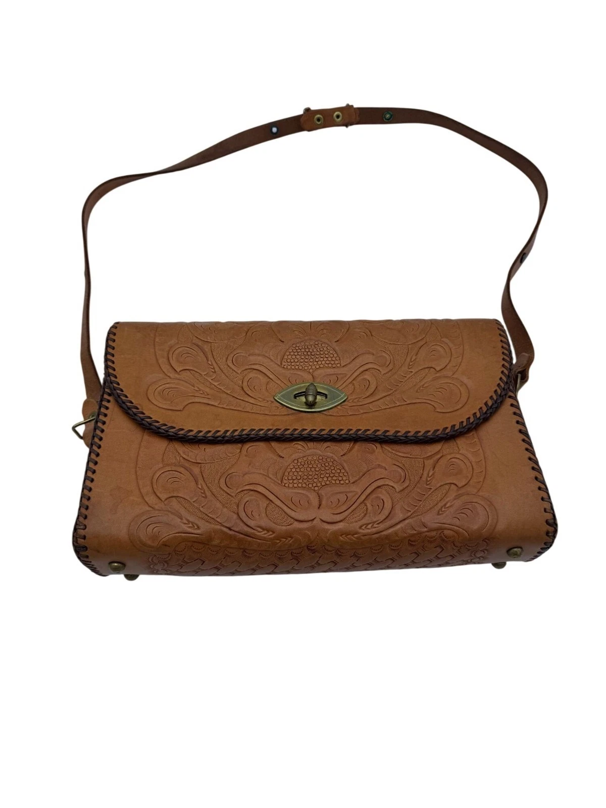 Womens Tooled Leather Shoulder Bag Tan Adjustable Strap Intricate Floral Design