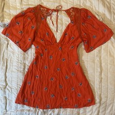 Free People Dress Womens 6 Orange Floral Mockingbird Mini Open Back Boho