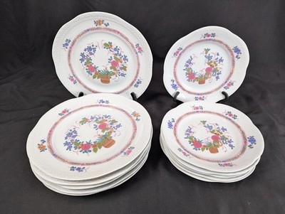Volkstedt Pastorale Porcelain Plate Set 12pc GDR Floral Basket Scalloped Rim ...