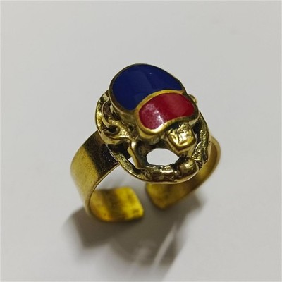Egyptian Scarab Brass Enamel Ring Adjustable Vintage Style Jewelry