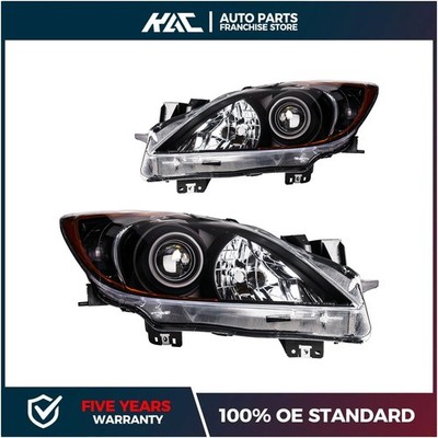 Pair Halogen Projector Headlights For 10-13 Mazda3 Black Housing Amber Reflector