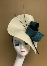 Ascot Royal Fascinator Kentucky Derby Ivory/Teal “Straw” Texture, Headband