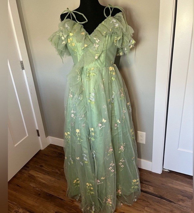 Green tulle dress embroidered flowers, off the shoulder garden fae dress corset