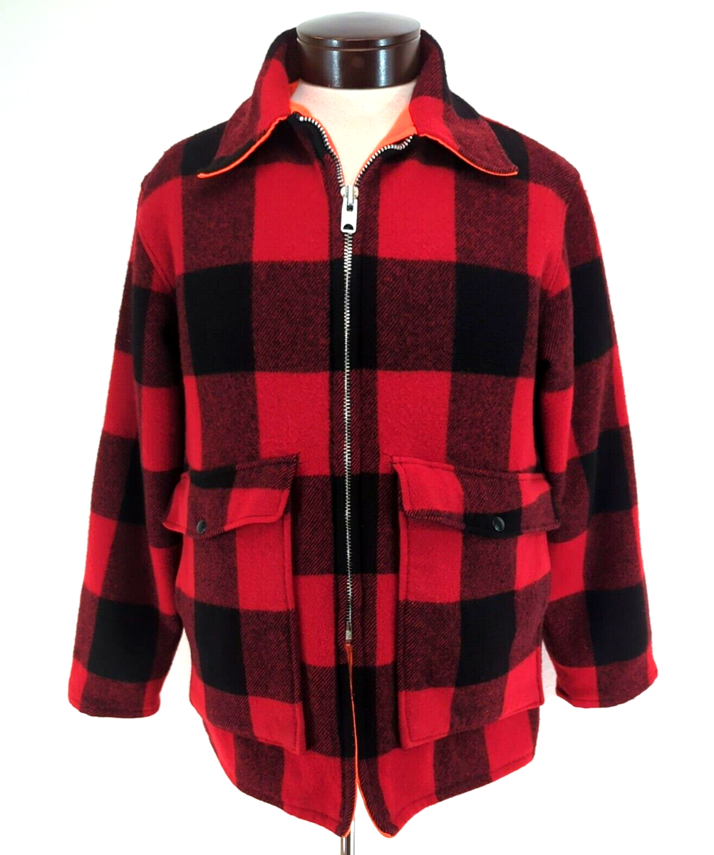 Vtg WOOLRICH Reversible Buffalo Plaid Mackinaw Orange Hunting