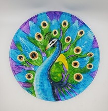 Peacock Glass Reverse Painted Art Plate 12" Round Platter Vtg Bird 