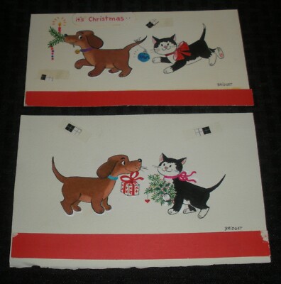 CHRISTMAS Cartoon Cat & Dog Playing w/ Mistletoe 8x5" Greeting Card Art ...